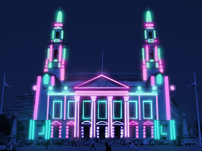 Light Night Leeds 2022: Artists impression of LUX, which will be projected onto Leeds Civic Hall, created by UK artists Focal Studios & DefProc Engineering. Inspired by classic 80s sci-fi and retro-futuristic games, players use contactless gesture controls to play with a wondrous projection mapped onto the architecture of Leeds Civic Hall.