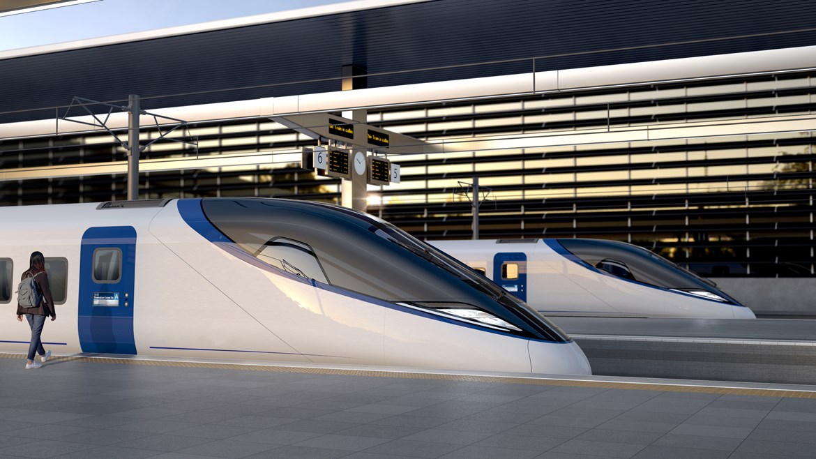 HS2 Ltd awards landmark rolling stock contracts to Hitachi-Alstom joint venture: Artists impression of an HS2 train at a platform v1