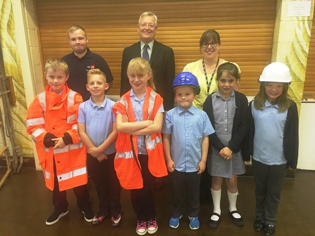 Dan Partridge, Rail Life Ambassador, Charles Varey, lead programme development manager and Tracey Young, community safety manager, with pupils from Duffryn Junior School, Newport, during the first ever Rail Week
