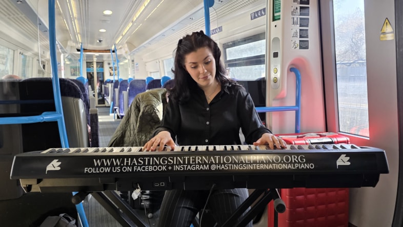 Live piano performances delight Southeastern passengers as Hastings International Piano Competition begins: Pianist Mariamna Sherling-7