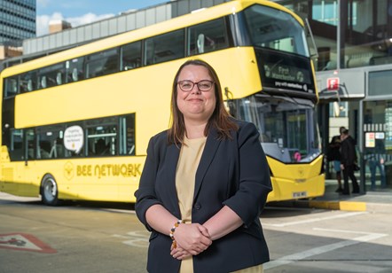 Zoe Hands, MD of First Manchester with Bee Network bus2
