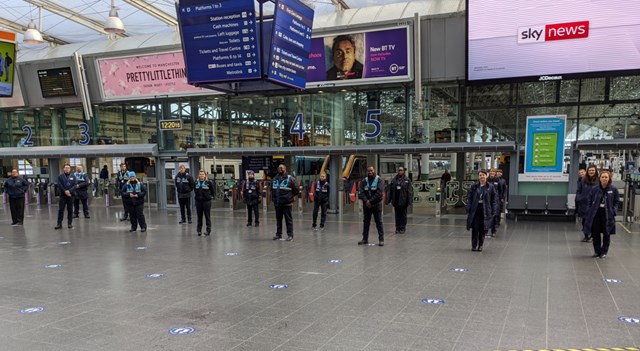 The social distancing guides on Manchester Piccadilly concourse