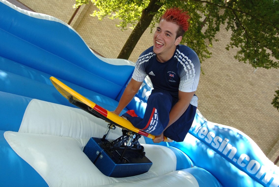 Nathan Stevens, 18 of Bridgend enjoys the activities at No Messin'! Live: Nathan Stevens, 18 of Bridgend enjoys the activities at No Messin'! Live at the Eastern Leisure Centre in Cardiff. Nathan is a paralympic athlete, ranked World number two in the disabled discus, javelin and shot putt. Nathan is supporting No Messin'! Live in Cardiff as he lost his legs playing on train lines at the age of nine

