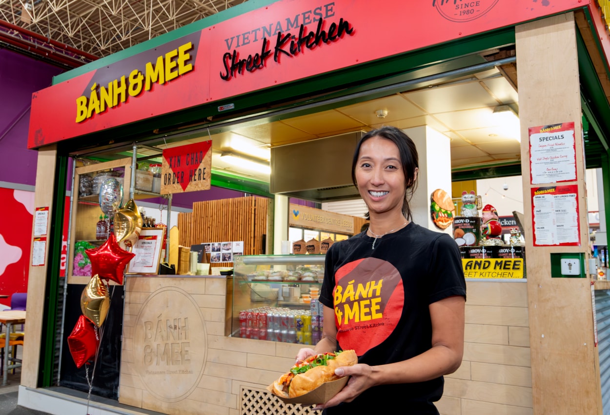 Market Kitchen 3: Mylinh Chiem, from Bánh & Mee Vietnamese Street Kitchen, celebrates 10 years of the Market Kitchen street food hall at Leeds Kirkgate Market.