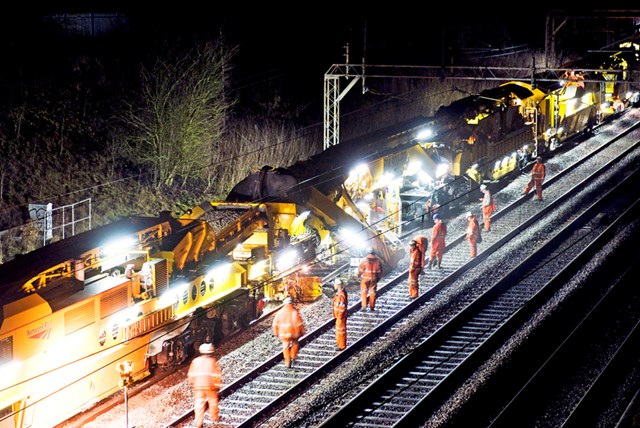 Track Renewal System 4 in action on the West Coast main line: On an earlier occasion, Network Rail's high output track renewal system pictured in action . This machine was designed specifically for the tight clearances on the West Coast main line