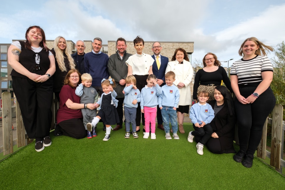 Paige, Lennon, Joshua, Darcie, Axel and Lacie meet Cllrs Cowan, G Barton, Boyd, Douglas and Igram with Julie Clelland, Carol McGregor and staff from the ECC