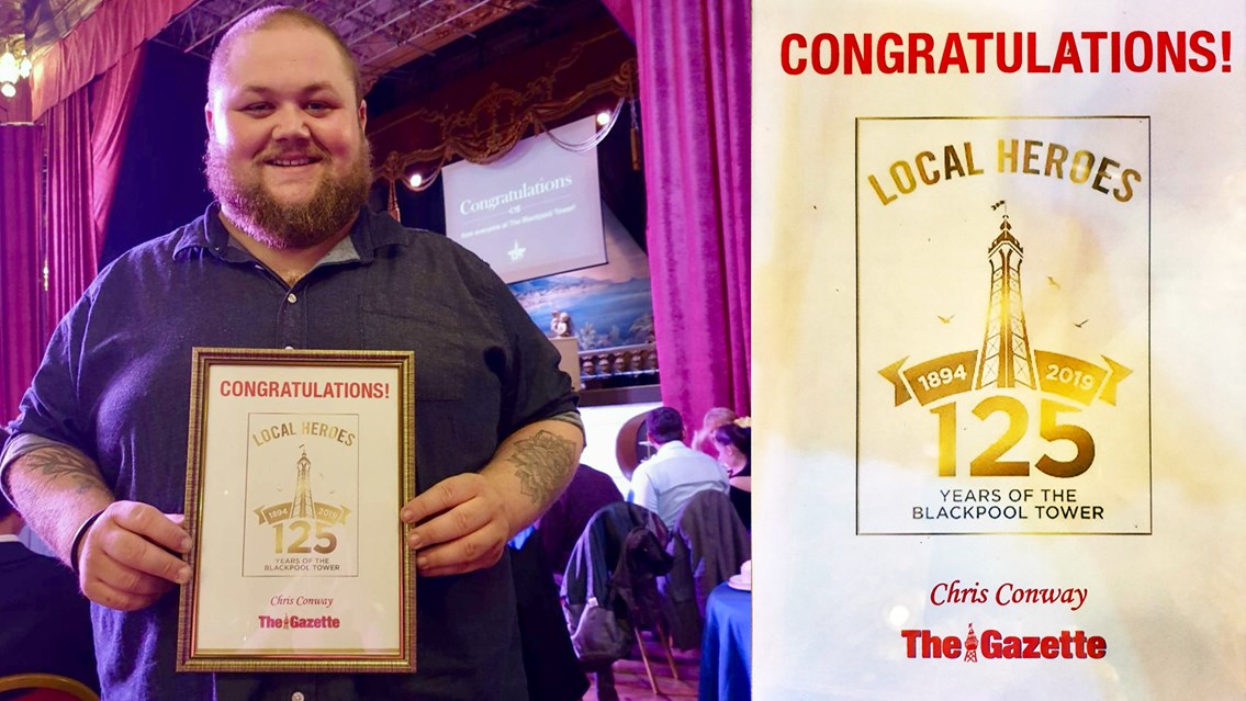 Chris Conway receiving award at Blackpool Gazette's 'Local Heroes' ceremony