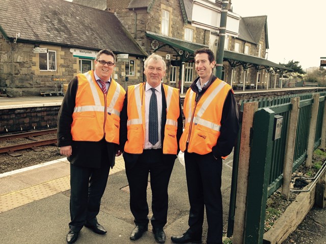 Glyn Davies, MP for Montgomeryshire, with James O'Gorman and Chris Wood from Network Rail at Machynlleth station to see how Network Rail is increasing accessibility to give passengers a better travelling experience.: Glyn Davies, MP for Montgomeryshire, with James O'Gorman and Chris Wood from Network Rail at Machynlleth station to see how Network Rail is increasing accessibility to give passengers a better travelling experience.