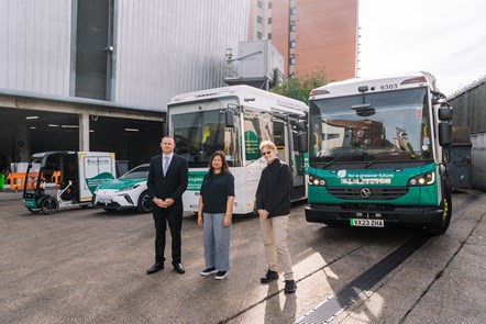 Cllr Champion, Shirley Rodrigues, and Tony Ralph pose in front of a range of electric vehicles at Islington's Waste and Recycling Centre