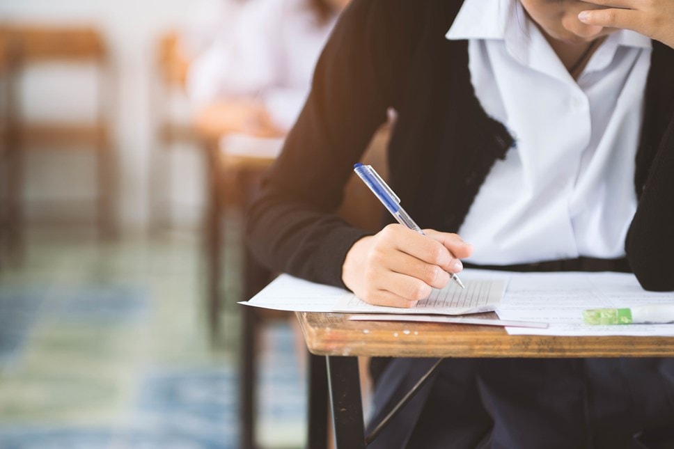 A girl in a white shirt and black cardigan holds a pen and is concentrating on her schoolwork.