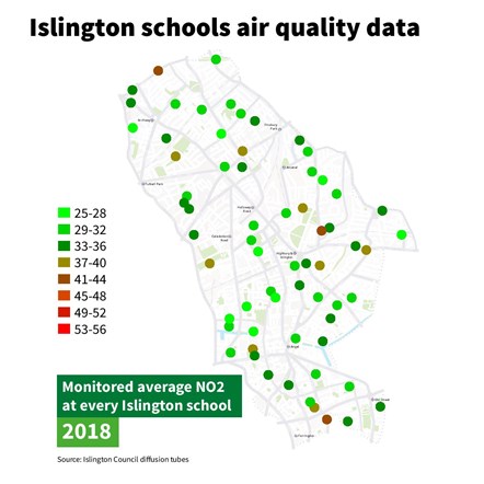 A map showing air quality levels at school monitoring sites in Islington in 2018