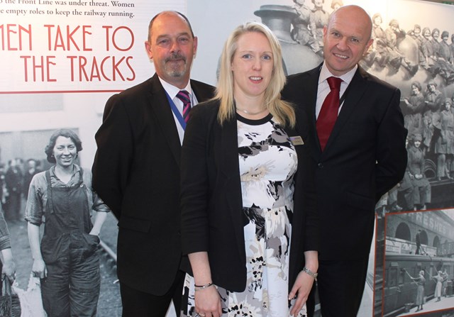 Andy McNeil, employee director for First TransPennine Express, Carolyn Watson, head of communications for Northern Rail and Warrick Dent, area director for Network Rail at the WW1 exhibition in Leeds station