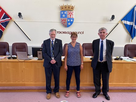 Cllrs John Cowe, Kathleen Robertson, and Donald Gatt in Moray Council Chamber