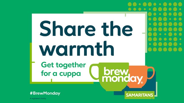 Volunteers at Birmingham New Street for Brew Monday cuppa: Brew Monday Twitter Graphic 2022 2