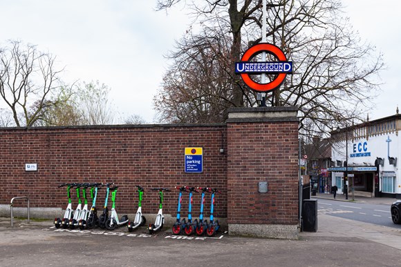 TfL Image - E-scooters from Dott, Lime and TIER involved in the London rental trial outside Tube station