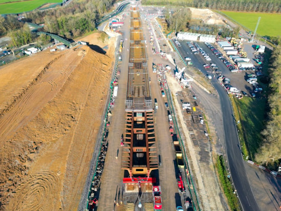 Aerial view of Small Dean viaduct deck assembled alongside the A413 before its launch Jan 2025