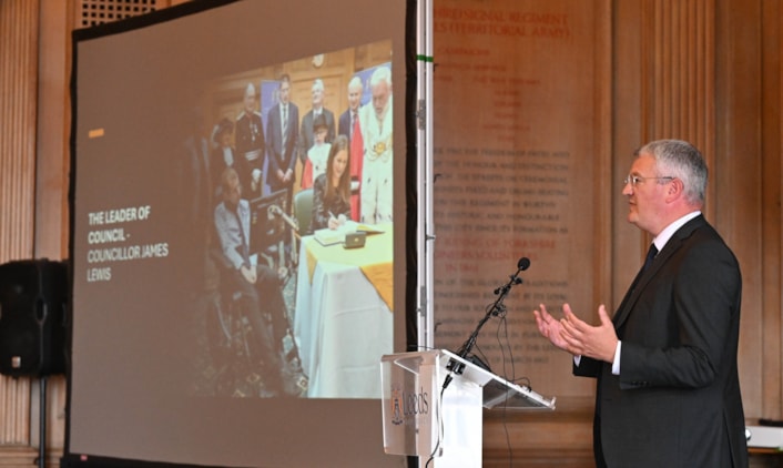 Civic 3: Councillor James Lewis, leader of Leeds City Council, speaking at a civic event held to commemorate the life of the late rugby legend Rob Burrow.