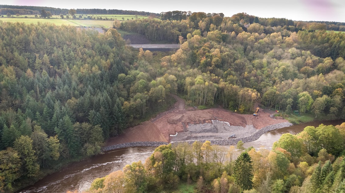 Stunning aerial shots reveal size and scale of Settle-Carlisle land slip repair: Aerial view of Eden Brows. settle line running above the River Eden..-5