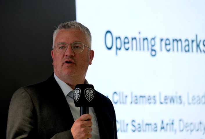 Cllr James Lewis opening the NEET focused event at Elland Road: Councillor James Lewis, leader of Leeds City Council giving the opening remarks for the Leeds event focused on opening opportunities to young people.