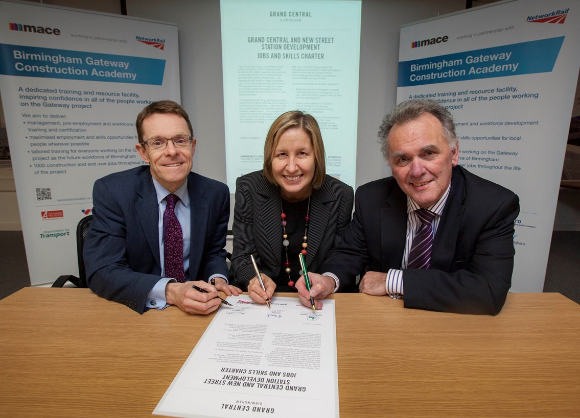 Job and skills charter for Grand Central Birmingham: Job and skills charter for Grand Central Birmingham. L-R, Andy Street, Dyan Crowther and Sir Albert Bore