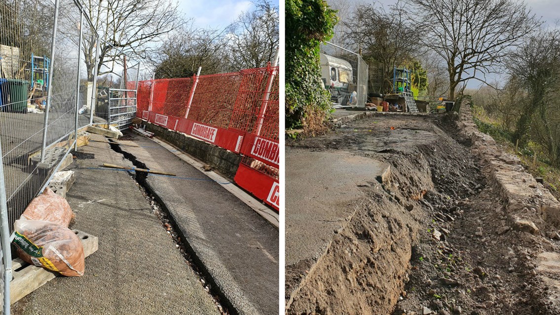 Homes evacuated from trackside landslip by quick thinking railway workers: Upholland landslip before and after composite Feb March 2020