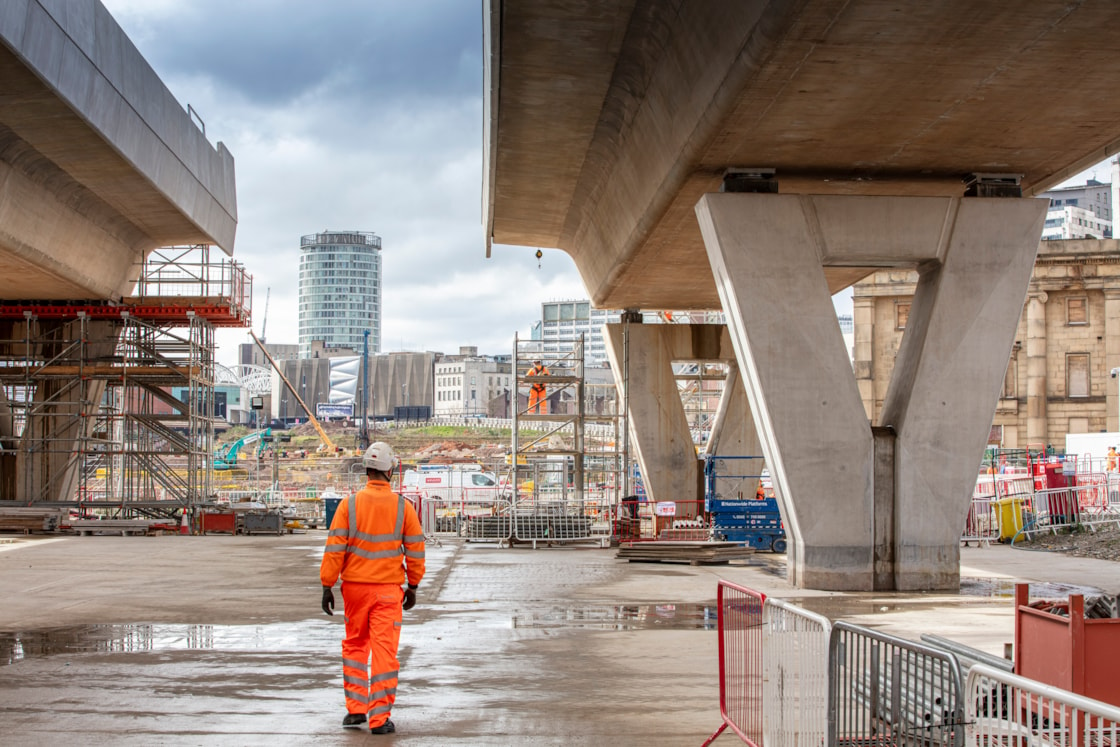 First completed section of Curzon 3 viaduct - Birmingham city centre in the background