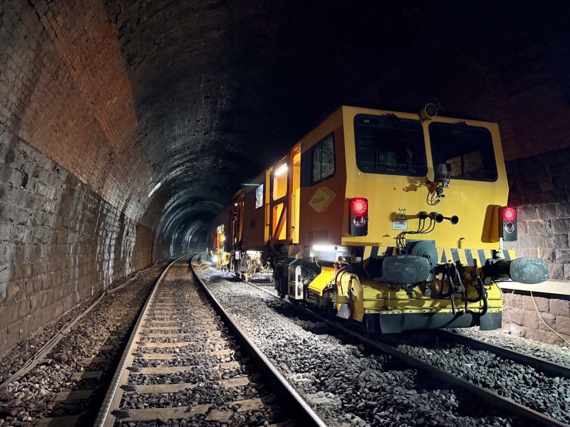 Tamping train moving through Eaves Tunnel September 2026