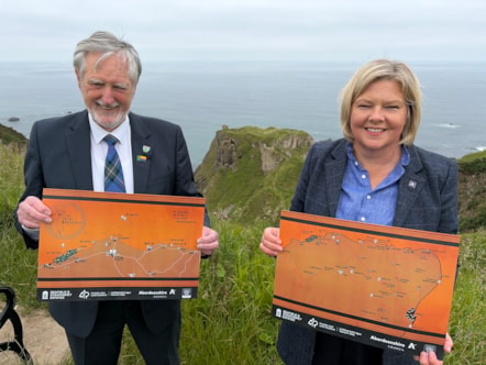 Moray Council Civic Leader, Cllr John Cowe and Provost of Aberdeenshire, Cllr Judy Whyte at Findlater Castle with 