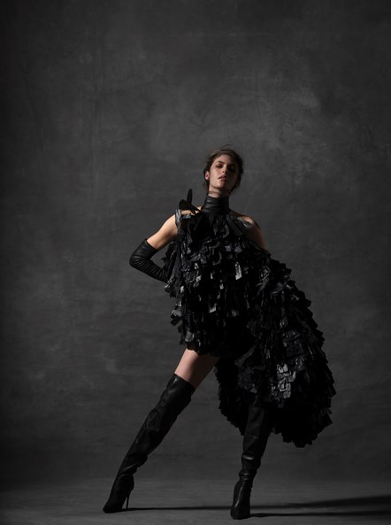 Model Zelda Smyth wears a Gareth Pugh dress embellished with black bin bags. The dress will go on display in Beyond the Little Black Dress at the National Museum of Scotland which opens on 1 July. Tickets for the exhibition go on sale tomorrow [3 March]. © David Eustace
