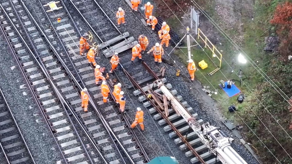 Drone shot of team at Basford Hall during Christmas 2024 engineering work