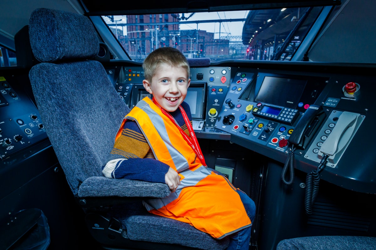 Austin in an LNER Azuma cab at Leeds station, LNER