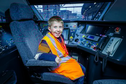 Austin in an LNER Azuma cab at Leeds station, LNER