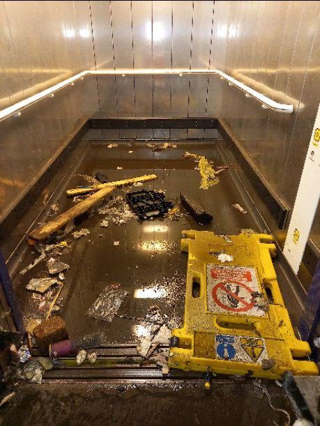 Inside flooded lift at Preston station