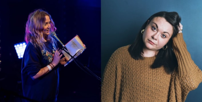 Hollie McNish and Maria Ferguson (photo of Maria Ferguson by Suzi Corker): Two photographs of two different women. One is reading a book on a stage, the other is looking at the camera and titling her head.