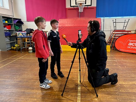 P5 pupils Andrew Miller and Karson McGregor are interviewed by MFR.