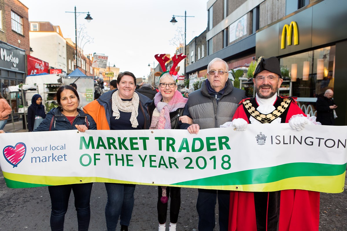 2018 Market Trader of the Year winners (from left): Serpil Erce, Jo Coote, comedy actress Su Pollard, David Brastock, and the 2018 Mayor of Islington Cllr Dave Poyser.