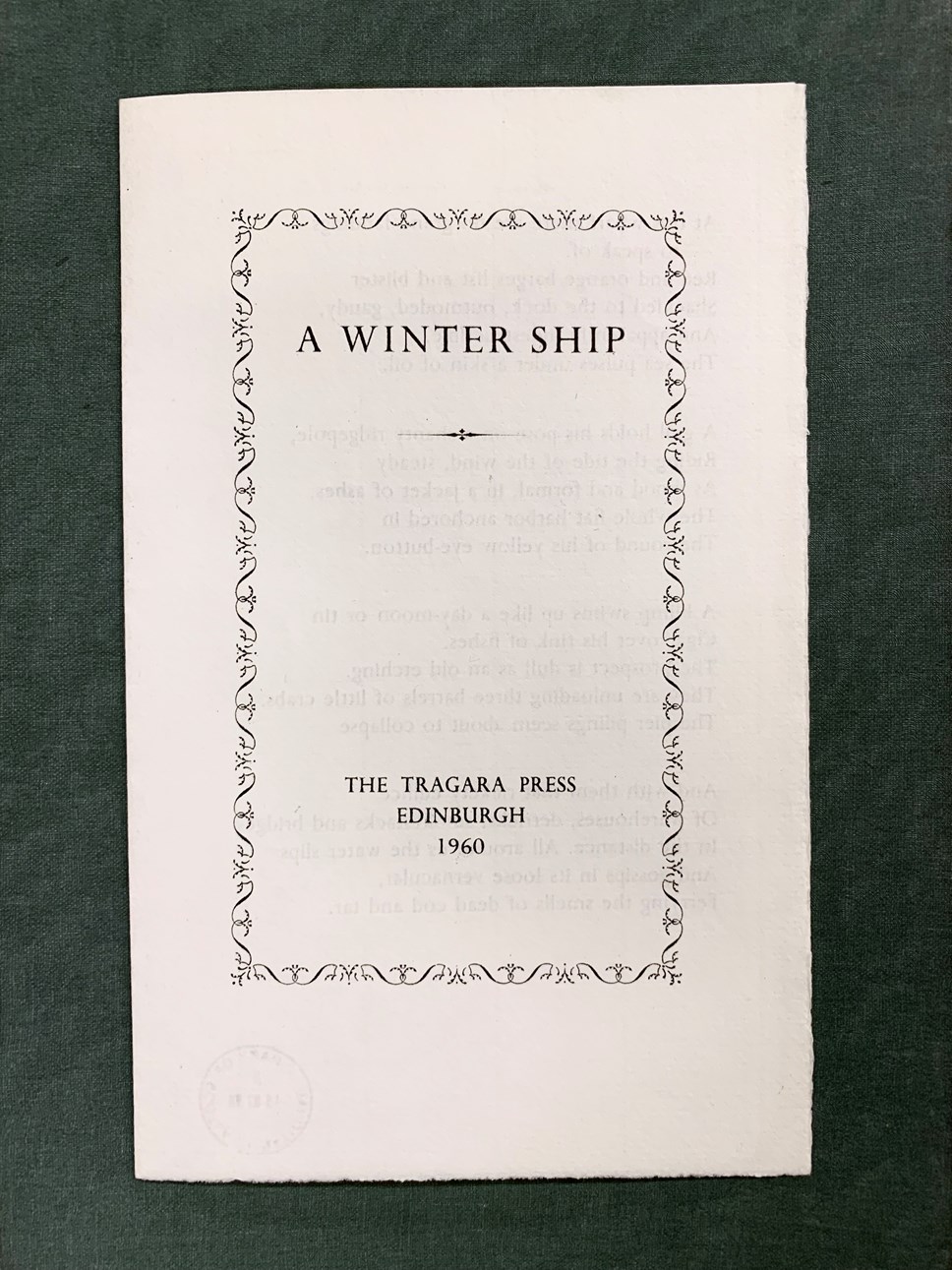 A Winter Ship by Sylvia Plath, printed by Tragara Press in 1960