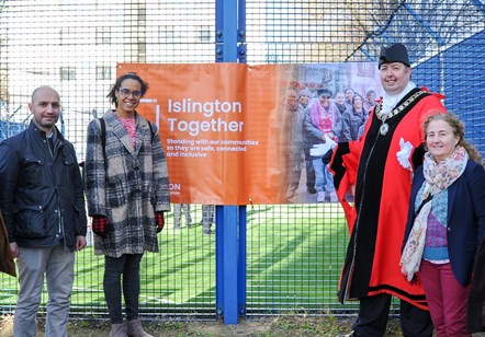 Councillors mark the launch of the refurbished Harvist Estate pitch