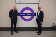 TfL Image - Commissioner for TfL, Andy Byford and Mayor of London, Sadiq Khan in front of roundel