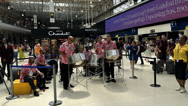 A steel drum band performed at Waterloo as part of the Windrush 75th anniversary event
