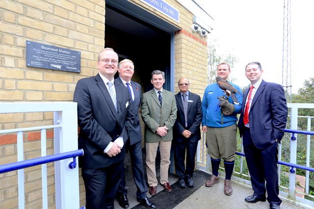 Bearsted Access for All lifts are opened by Sir Hugh Robertson MP: Bearsted Access for All lifts are opened by Sir Hugh Robertson MP, with Leeds Castle's chief executive Bill Lash (second left) and their head falconer Mark Brattle, Kai the Harris hawk and representatives from Southeastern, the department for Transport and Network Rail