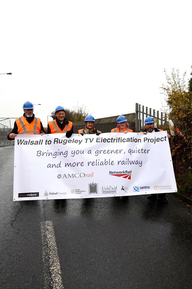 Chase Line electrification underway: David Winnick MP, Cllr Patti Lane (Walsall Council), Cllr Louise Harrison (Walsall Council), Cllr Adrian Andrew (Deputy Leader Walsall Council) and Councillor Gordon Alcott (Cannock Chase Council) officially start work on the Chase line electrification project.