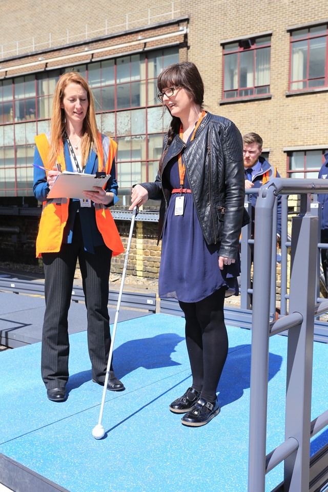 Accessibility Thameslink 2: Senior ergonomist Kate Moncrieff and BEAP member Tracey Dearing try out the new platform surface from Pipex