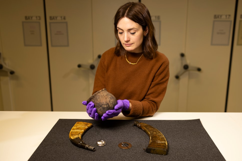 Curator Dr Sarah Laurenson with objects from the collection of National Museums Scotland to be studied as part of new Gaelic language project, Tha Sgeul Ri Innse [credit Duncan McGlynn]-9