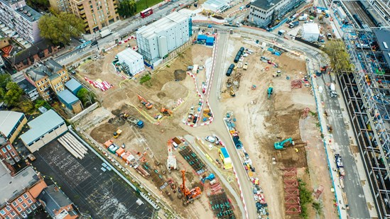 Aerial of the Euston Station construction site September 2021