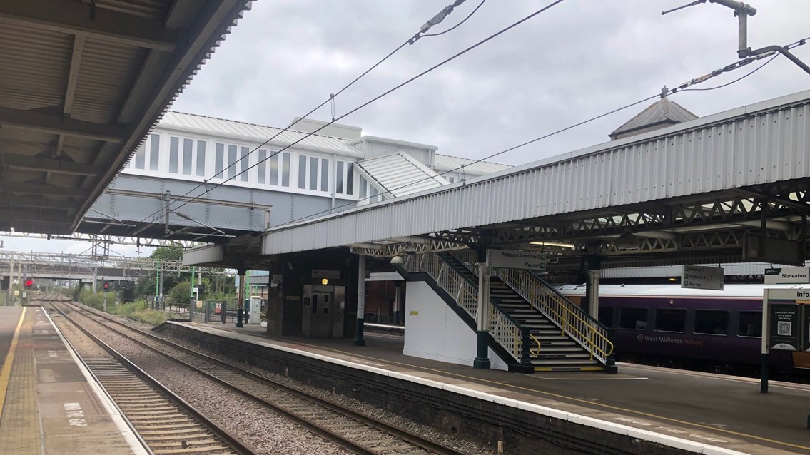 Revamped Nuneaton station footbridge from platform level