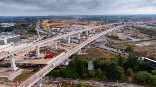 Aerial view of the Water Orton viaducts in August 2026 as they cross the A446