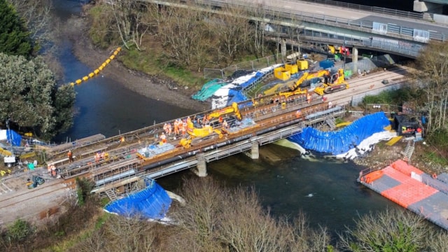Plymouth to Totnes trains restored after River Plym upgrade: Drone overview of the Plym bridge work