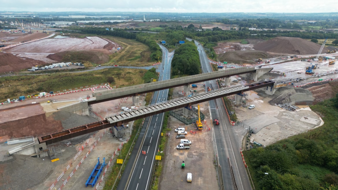 HS2 completes first viaduct structures at Delta Junction: The 1,100 tonne West Link Viaduct moved next to the parallel East Link Viaduct