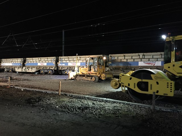 Track bed at Sandy being 'consolidated' using the Variomatic Bomag roller